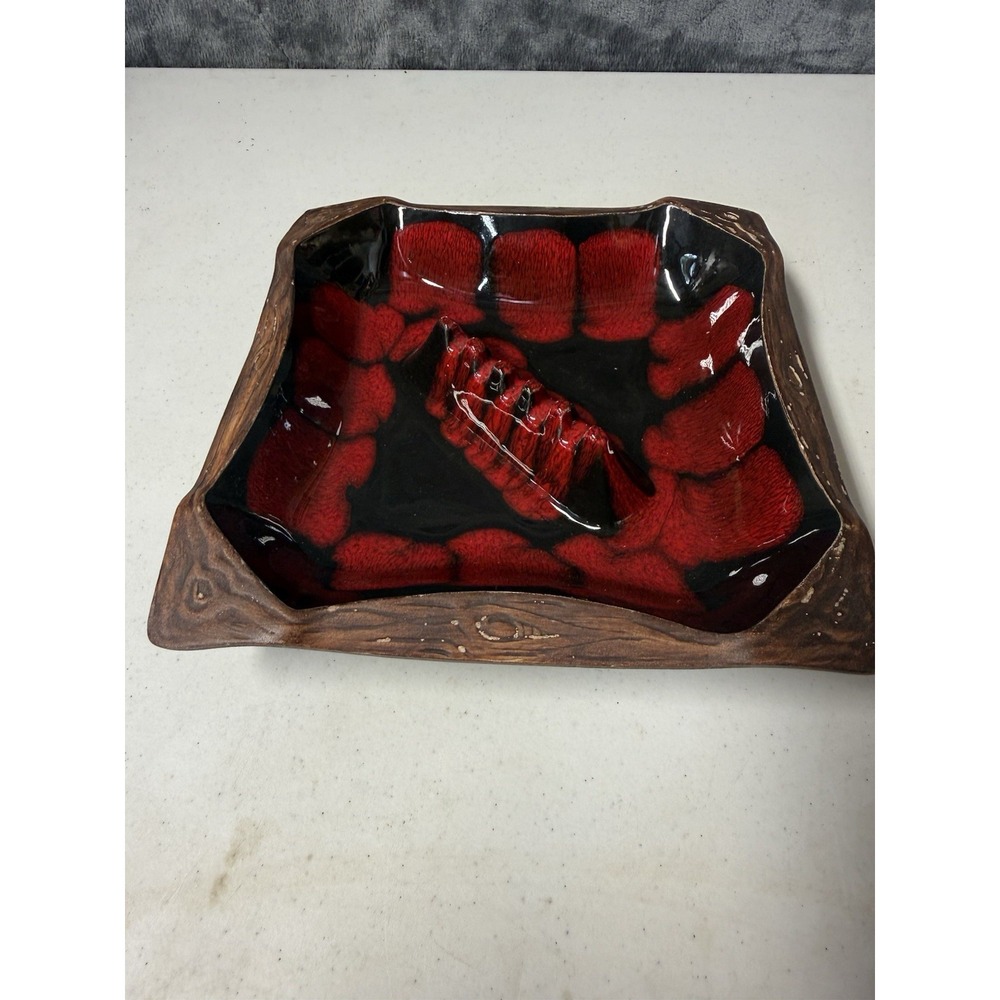 Vintage MCM Drip Glaze Ceramic Ashtray Red Black Faux Wood Bark Trim Retro 1970s